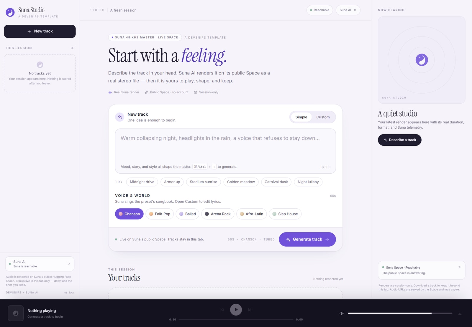 Suna Studio composer with the headline “Start with a feeling.”, a prompt field, six voice presets, and the dark player bar at the bottom.